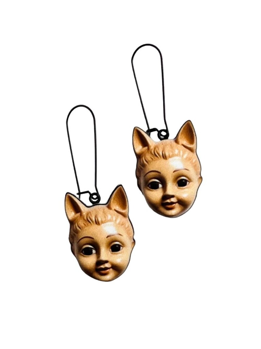 Vintage Style Doll Face Cat Ears Kitten Woodcut Drop Earrings Whimsical Quirky